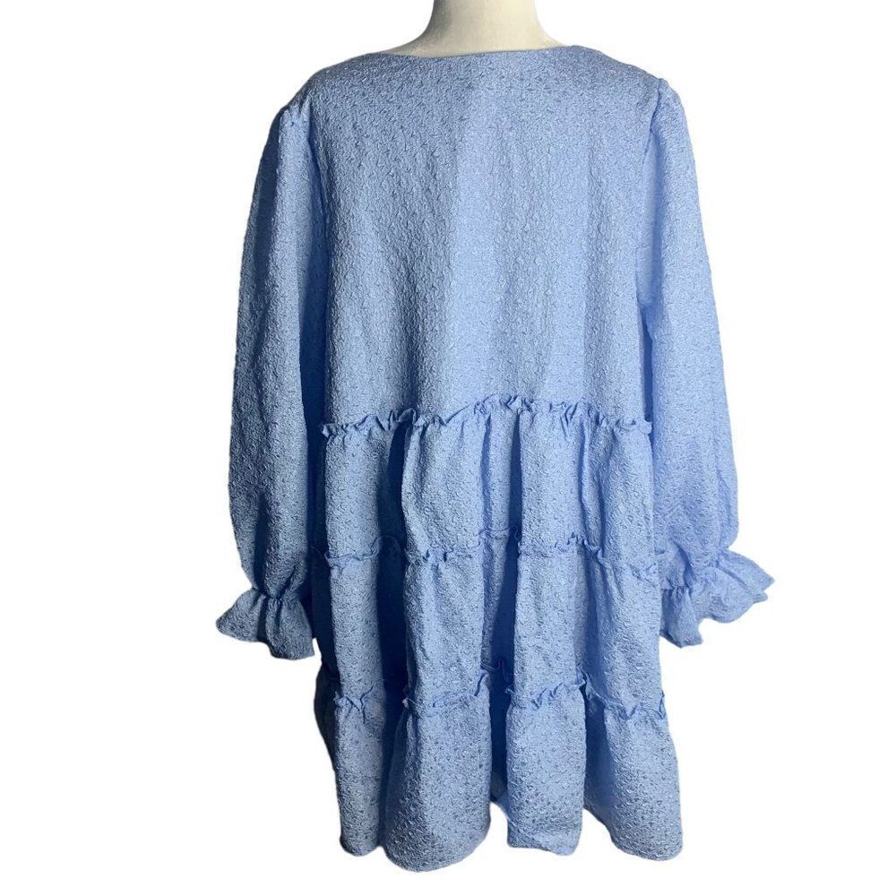 New Eloquii Crepe Tiered Mini Dress 20 Blue Lined Long Puff Sleeves V Neck - Picture 4 of 7